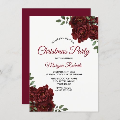 Burgundy Red Rose Office Family Christmas Party Invitation