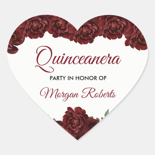 Burgundy Red Rose Quinceanera 15th Birthday Party Heart Sticker (Front)