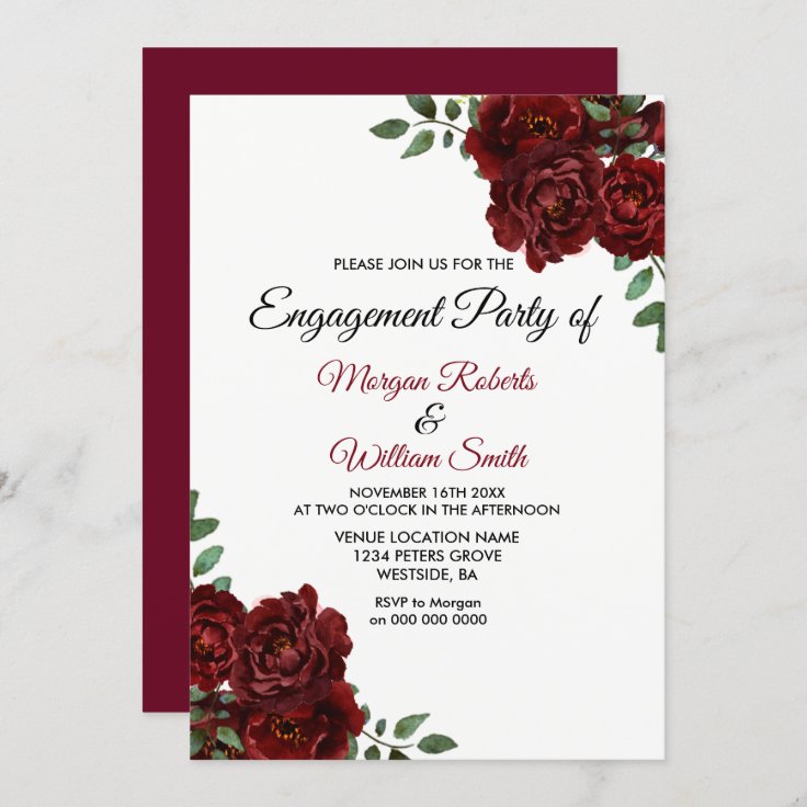 Burgundy Red Rose Romantic Engagement Party Invite 