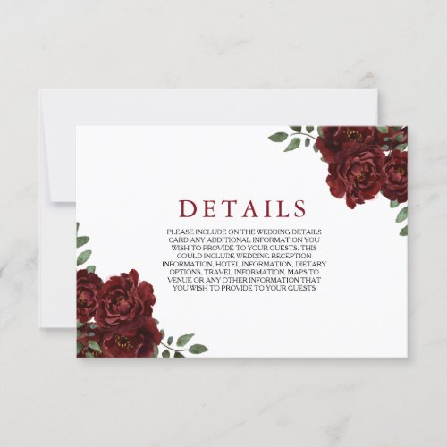 Burgundy Red Rose Romantic Wedding Enclosure Card