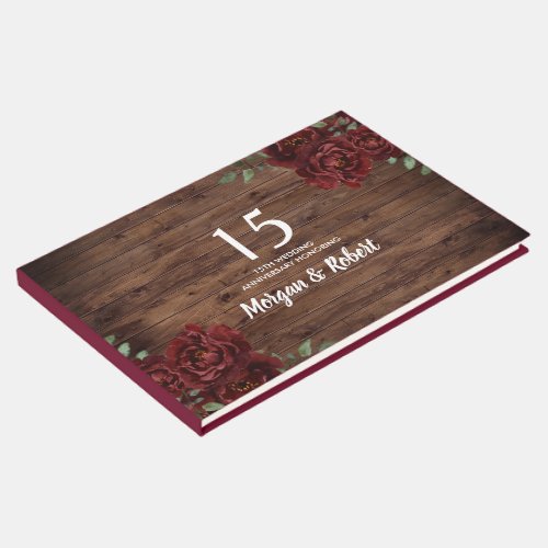 Burgundy Red Rose Rustic 15th Wedding Anniversary Guest Book