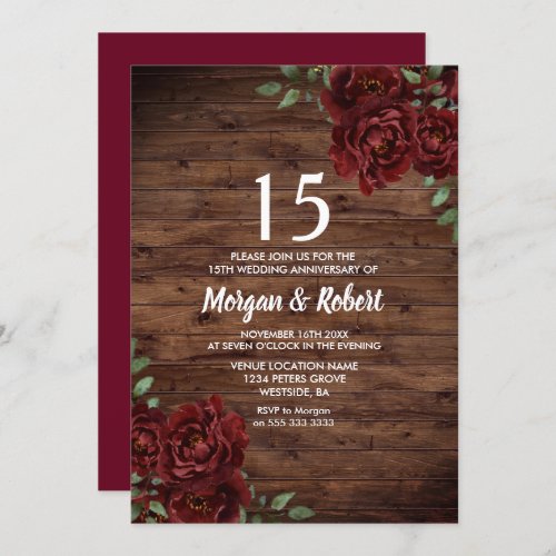 Burgundy Red Rose Rustic 15th Wedding Anniversary Invitation