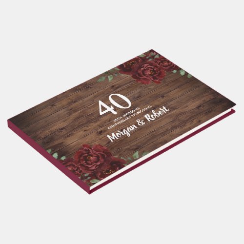 Burgundy Red Rose Rustic 40th Wedding Anniversary Guest Book