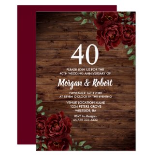 Burgundy Red Rose Rustic 40th Wedding Anniversary Invitation
