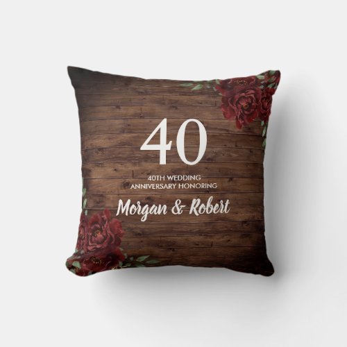 Burgundy Red Rose Rustic 40th Wedding Anniversary Throw Pillow