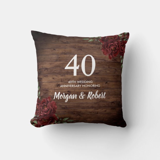 Burgundy Red Rose Rustic 40th Wedding Anniversary Throw Pillow (Front)