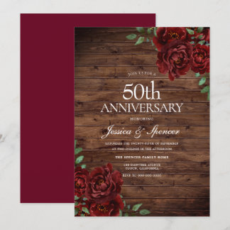 Burgundy Red Rose Rustic 50th Wedding Anniversary Invitation