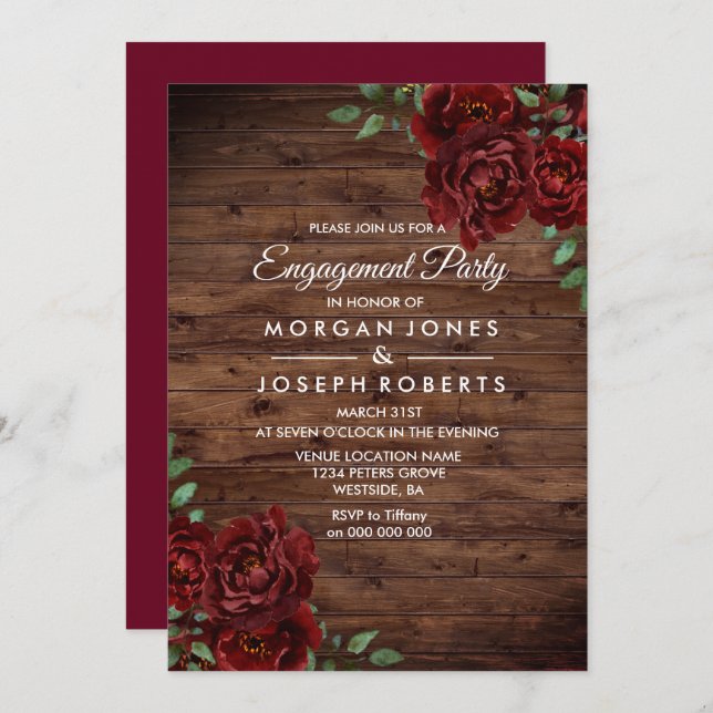Burgundy Red Rose Rustic Engagement Party Invite (Front/Back)