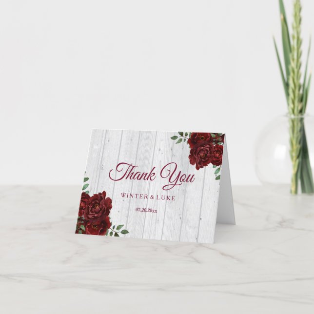 Burgundy Red Rose Rustic Wedding Thank You (Front)