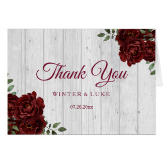 Burgundy Red Rose Rustic Wedding Thank You Card