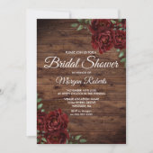 Burgundy Red Rose Rustic Wood Bridal Shower Invitation (Front)