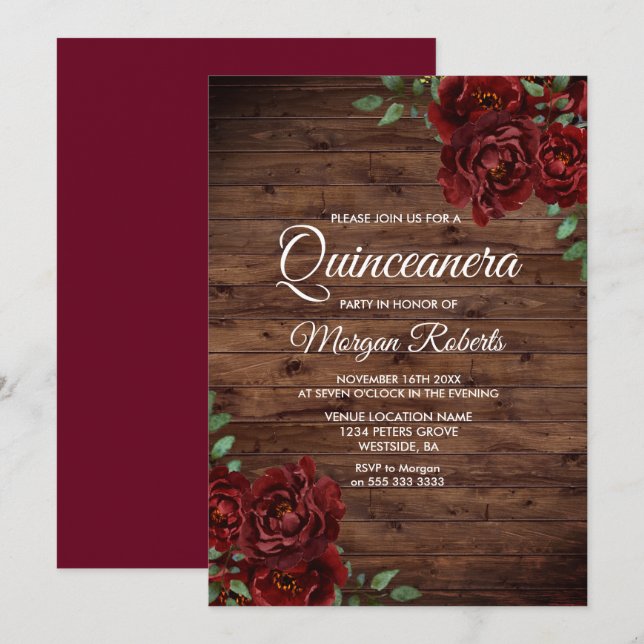 Burgundy Red Rose Rustic Wood Quinceanera Invite (Front/Back)