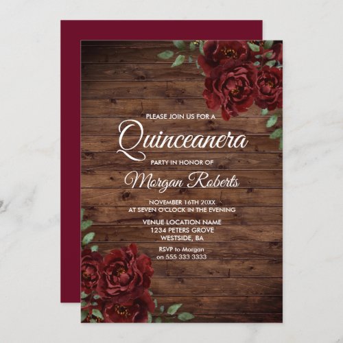 Burgundy Red Rose Rustic Wood Quinceanera Invite