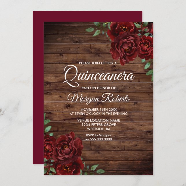 Burgundy Red Rose Rustic Wood Quinceanera Invite (Front/Back)