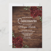 Burgundy Red Rose Rustic Wood Quinceanera Invite (Front)