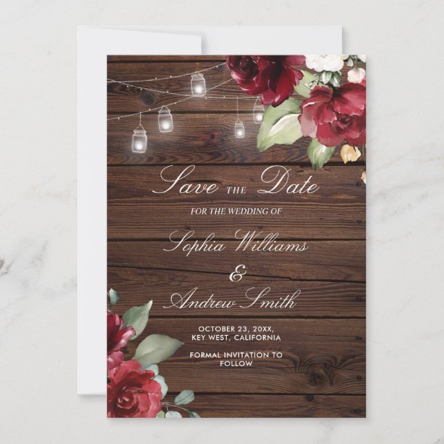 Burgundy Red Rose Rustic Wood SAVE the Date Invitation (Front)