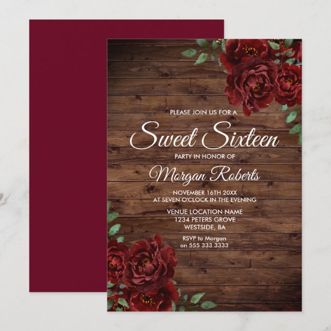 Burgundy Red Rose Rustic Wood Sweet 16 Invite (Front/Back)