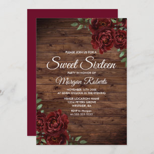 Burgundy Red Rose Rustic Wood Sweet 16 Invite