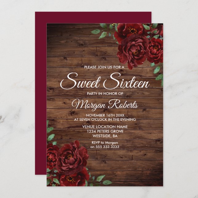 Burgundy Red Rose Rustic Wood Sweet 16 Invite (Front/Back)