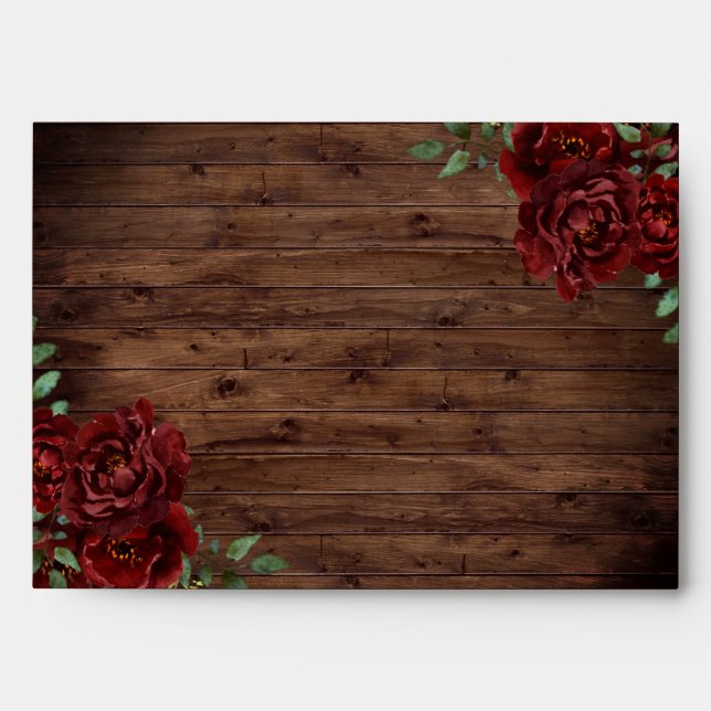 Burgundy Red Rose Rustic Wood Wedding Envelope (Front)