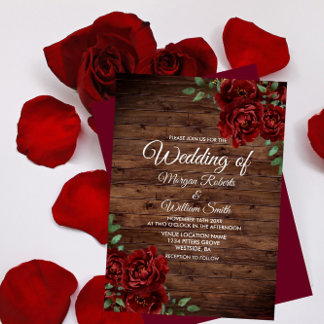 Burgundy Red Rose Rustic Wood Wedding Invitation