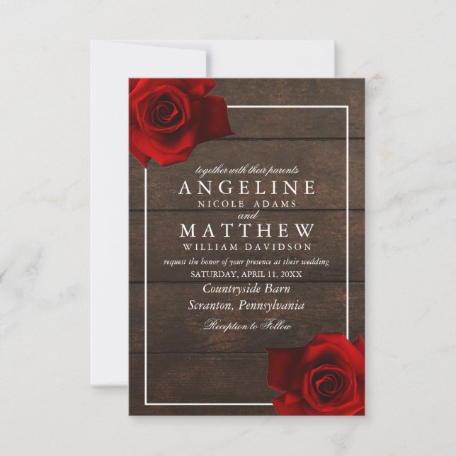 Burgundy Red Rose Rustic Wood Wedding Invitation (Front)