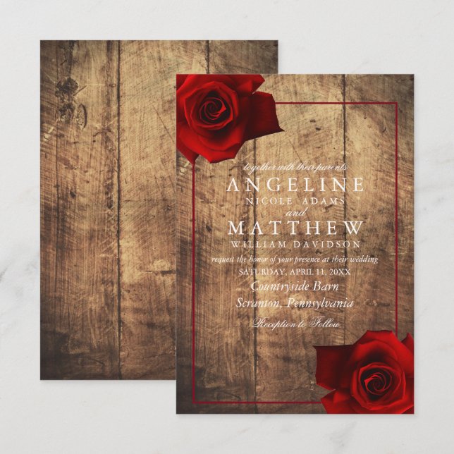 Burgundy Red Rose Rustic Wood Wedding Invitation (Front/Back)