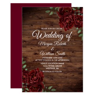 Burgundy Red Rose Rustic Wood Wedding Invitation