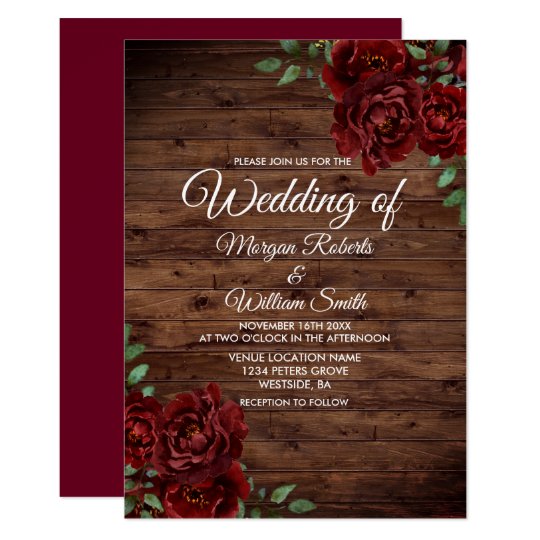 burgundy red rose rustic wood wedding invitation zazzle com