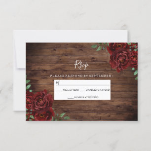 Burgundy Red Rose Rustic Wood Wedding RSVP Card