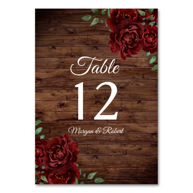 Burgundy Red Rose Rustic Wood Wedding Table Number (Front)