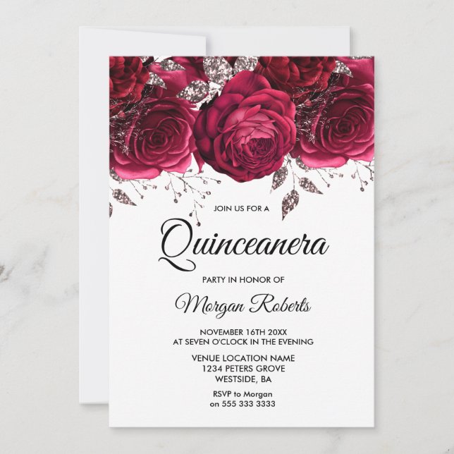Burgundy Red Rose Silver Floral Quinceanera Party Invitation (Front)