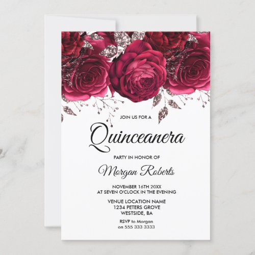 Burgundy Red Rose Silver Floral Quinceanera Party Invitation