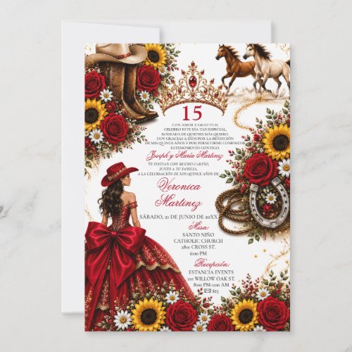 Burgundy Red Rose Sunflower Vaquera Quinceañera Invitation