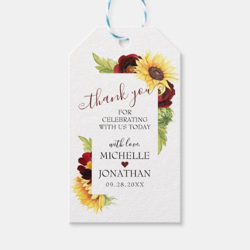 Burgundy Red Rose Sunflower Wedding Favor Gift Tag