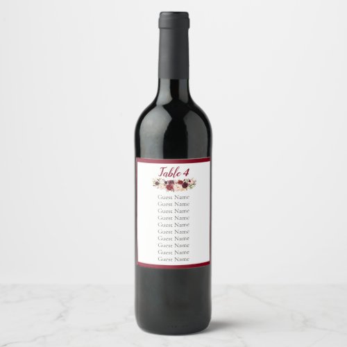 Burgundy Red Rose Wedding Wine Bottle label