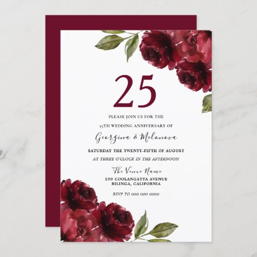 Burgundy Red Roses 25th Wedding Anniversary Invitation