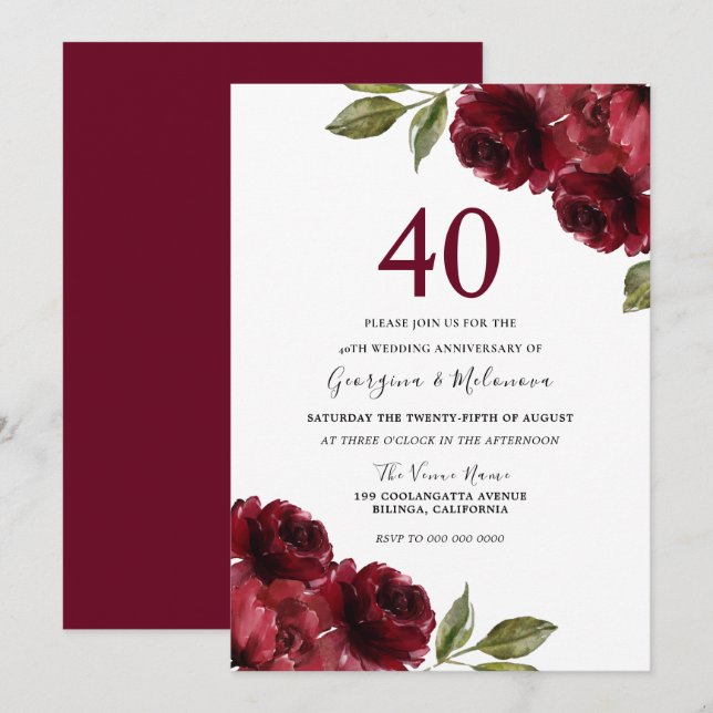 Burgundy Red Roses 40th Wedding Anniversary Invitation (Front/Back)
