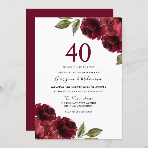 Burgundy Red Roses 40th Wedding Anniversary Invitation