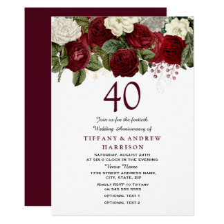 Burgundy Red Roses 40th Wedding Anniversary V2 Invitation