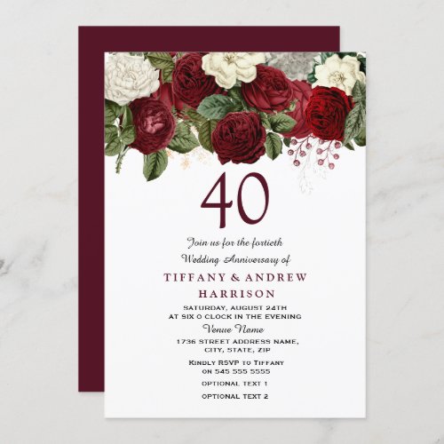 Burgundy Red Roses 40th Wedding Anniversary V2 Invitation