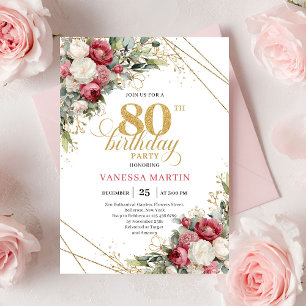 Burgundy red roses 80th birthday invite greenery