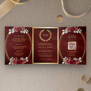 Burgundy Red Roses All in One QR Code Wedding Tri-Fold Invitation