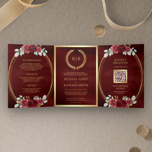 Burgundy Red Roses All in One QR Code Wedding Tri_Fold Invitation