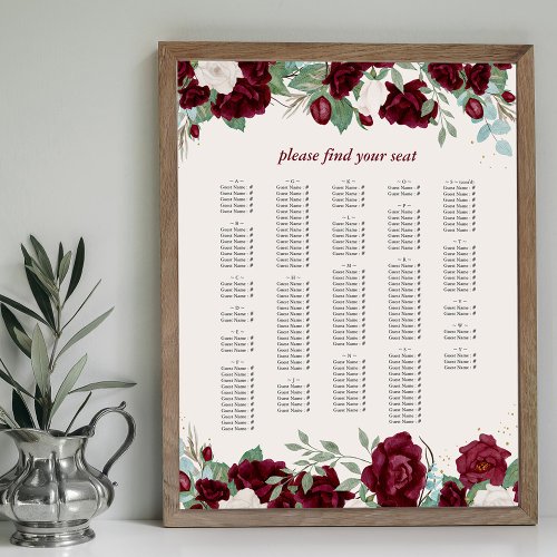 Burgundy Red Roses Alphabetical Seating Chart