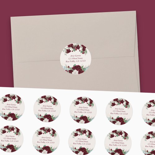 Burgundy Red Roses and Eucalytus Name and Address Classic Round Sticker