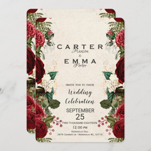 Burgundy Red Roses and Leaves Nature Wedding Invitation