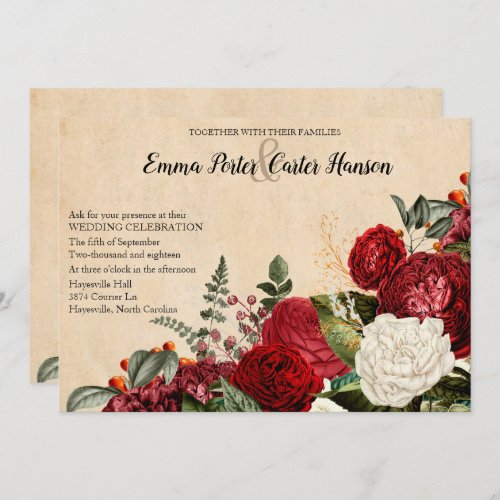 Burgundy Red Roses and Leaves Vintage Wedding Invitation