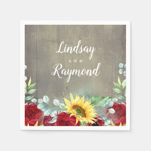 Burgundy Red Roses and Sunflowers Rustic Fall Napkins