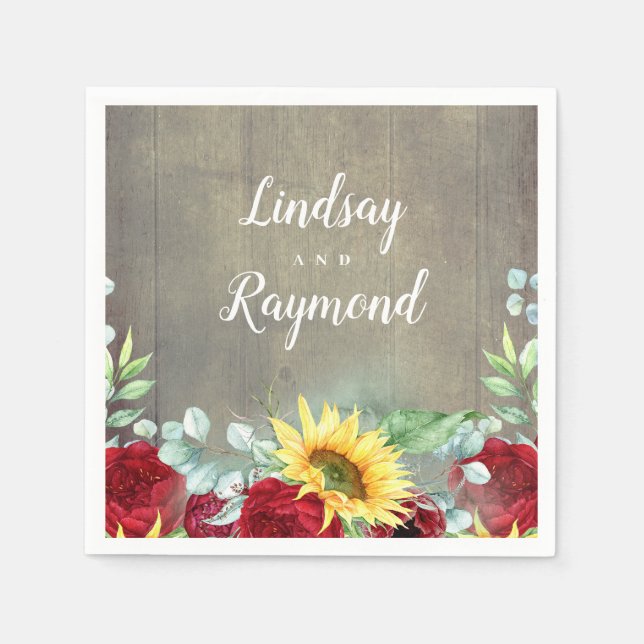 Burgundy Red Roses and Sunflowers Rustic Fall Napkins (Front)